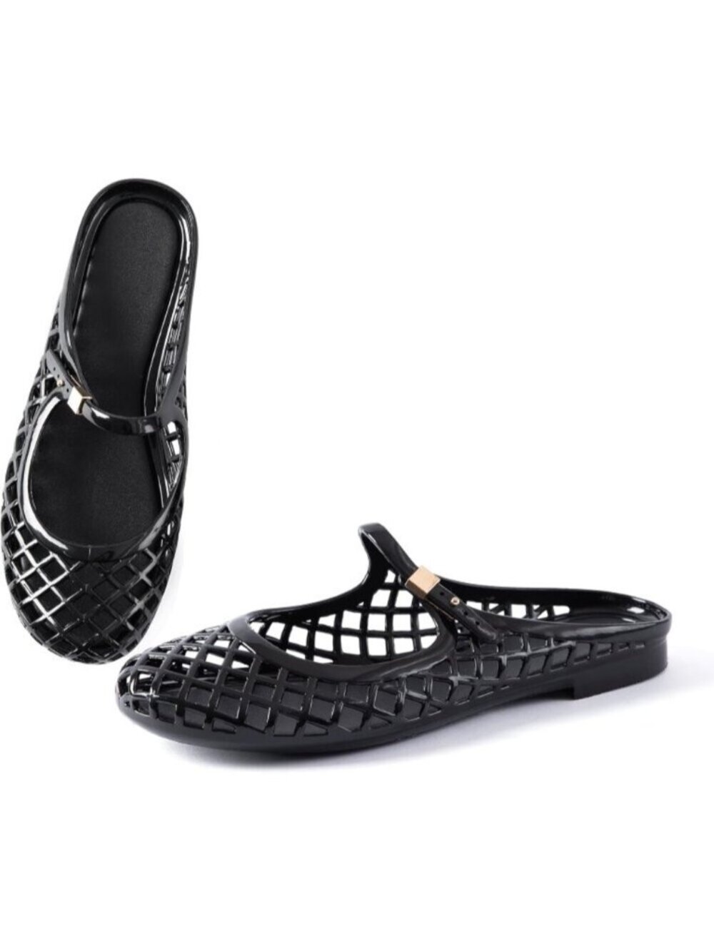 Women's Black Mary Jane Jelly Mule Flat Adjustable Buckle Strap Sandals